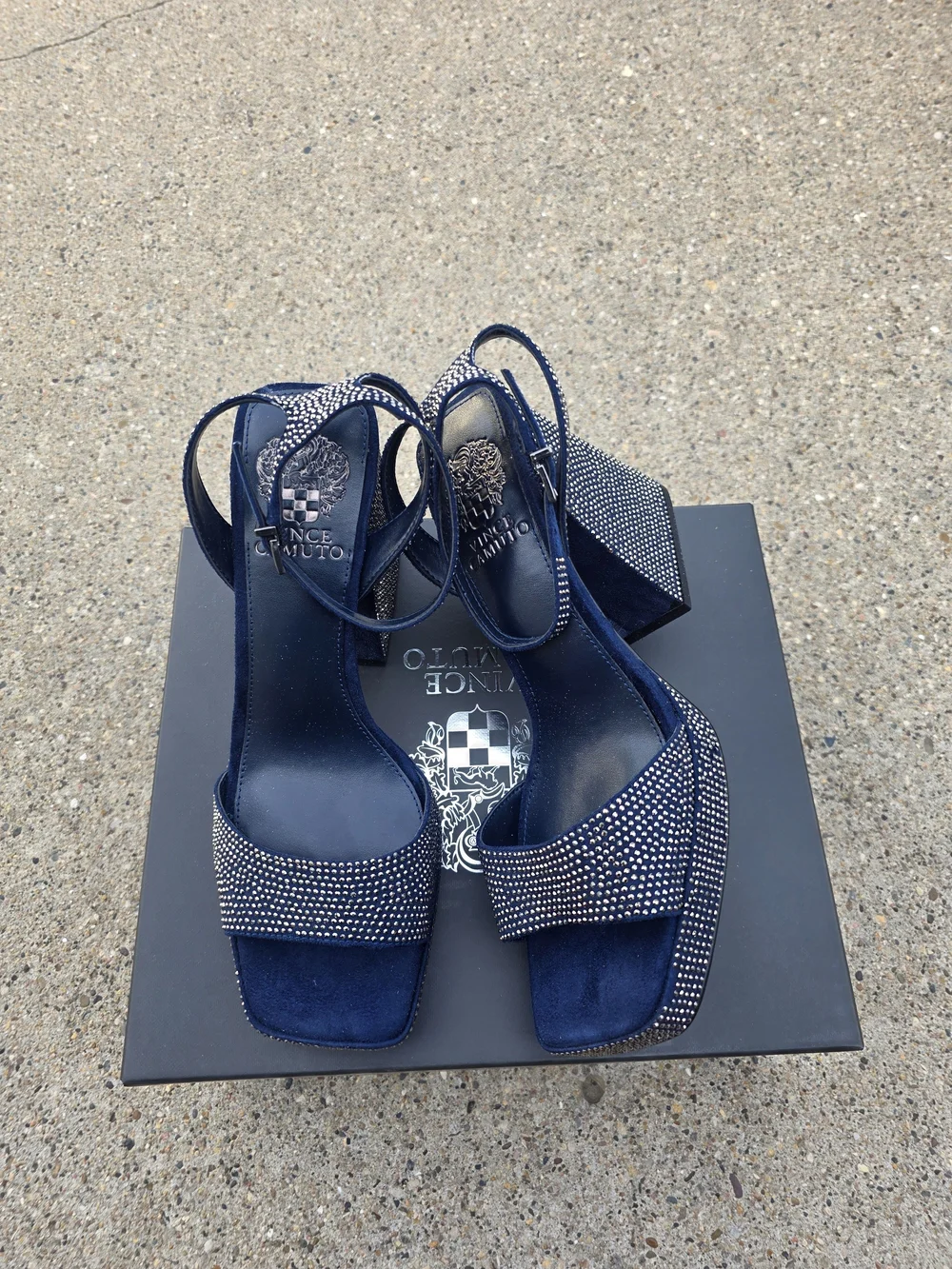 Vince Camuto Navy Embellished Block Heel Sandals Women 8.5